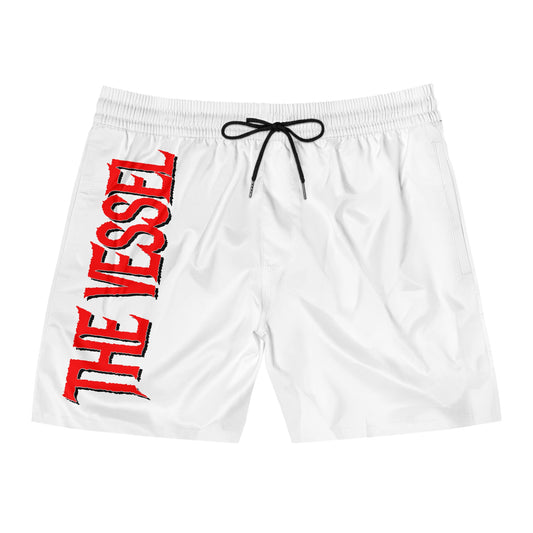 The Vessel Swim Shorts — Men's Mid-Length White Boardshorts with Vertical Red Logo