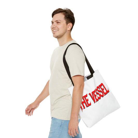 The Vessel Tote Bag — Bold Red Gothic Logo All-Over Print Tote
