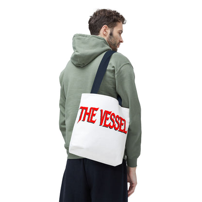 The Vessel Tote Bag — Bold Red Gothic Logo All-Over Print Tote