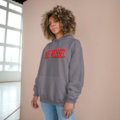 The Vessel Hoodie — Graphic Champion Pullover with Red Logo & Black Backprint