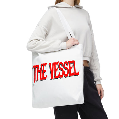 The Vessel Tote Bag — Bold Red Gothic Logo All-Over Print Tote