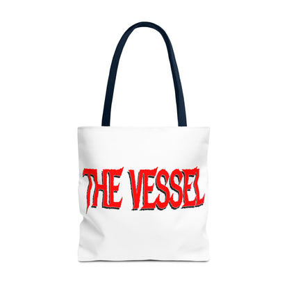 The Vessel Tote Bag — Bold Red Gothic Logo All-Over Print Tote