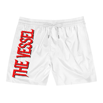 The Vessel Swim Shorts — Men's Mid-Length White Boardshorts with Vertical Red Logo
