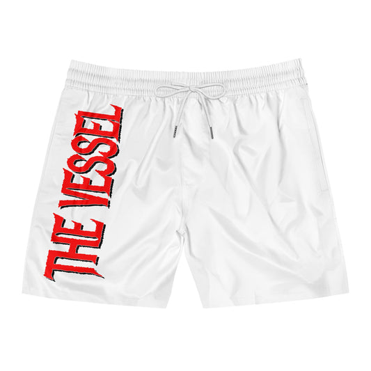 The Vessel Swim Shorts — Men's Mid-Length White Boardshorts with Vertical Red Logo