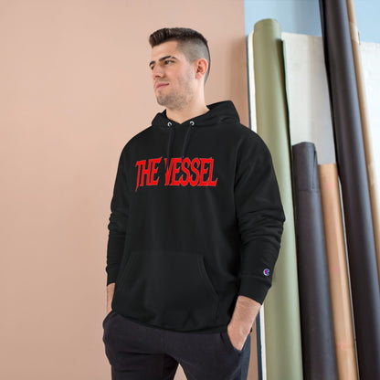 The Vessel Hoodie — Graphic Champion Pullover with Red Logo & Black Backprint