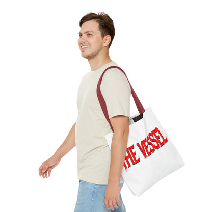 The Vessel Tote Bag — Bold Red Gothic Logo All-Over Print Tote