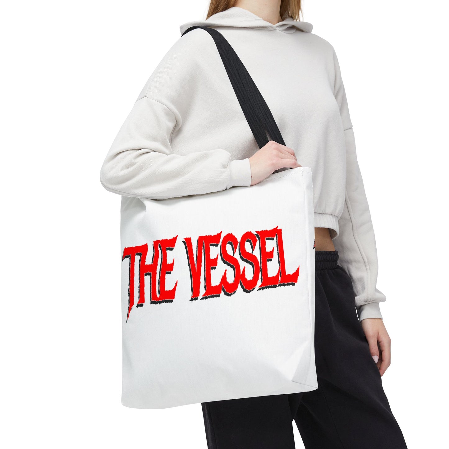 The Vessel Tote Bag — Bold Red Gothic Logo All-Over Print Tote