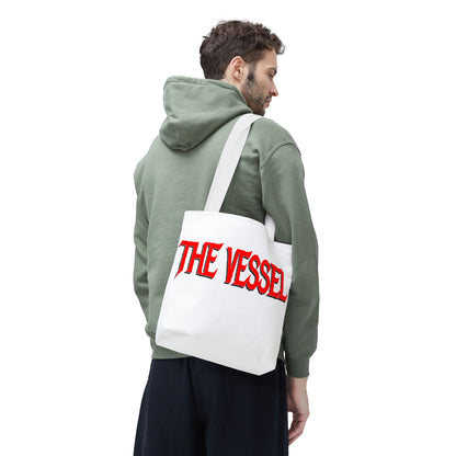 The Vessel Tote Bag — Bold Red Gothic Logo All-Over Print Tote