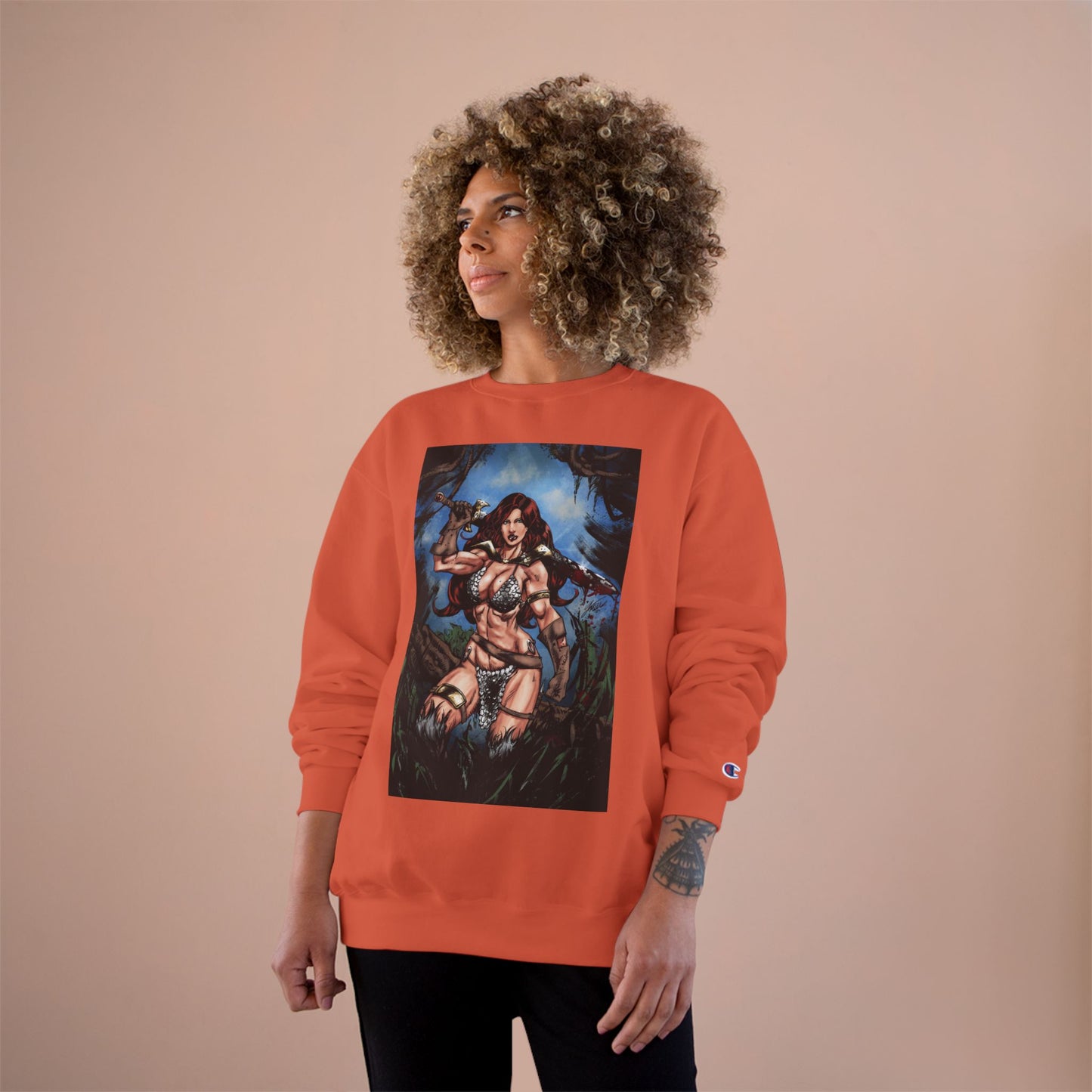 Red Sonja Champion Sweatshirt — Classic Comic Hero Crewneck (Color)