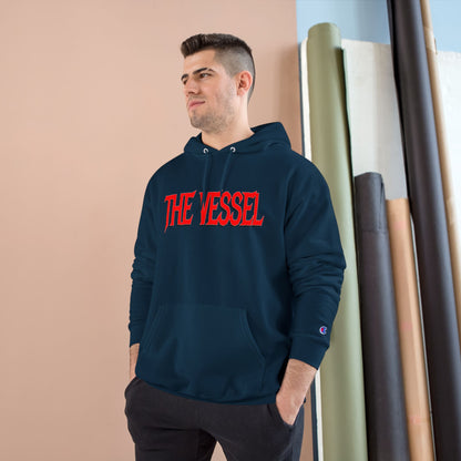 The Vessel Hoodie — Graphic Champion Pullover with Red Logo & Black Backprint