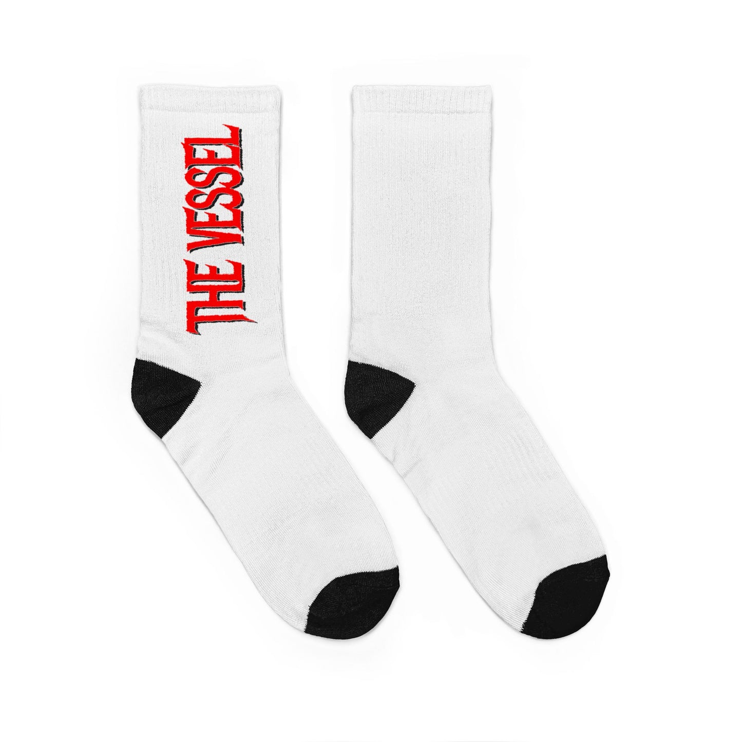 'THE VESSEL' Crew Socks — White Padded Cotton Socks with Red Vertical Logo