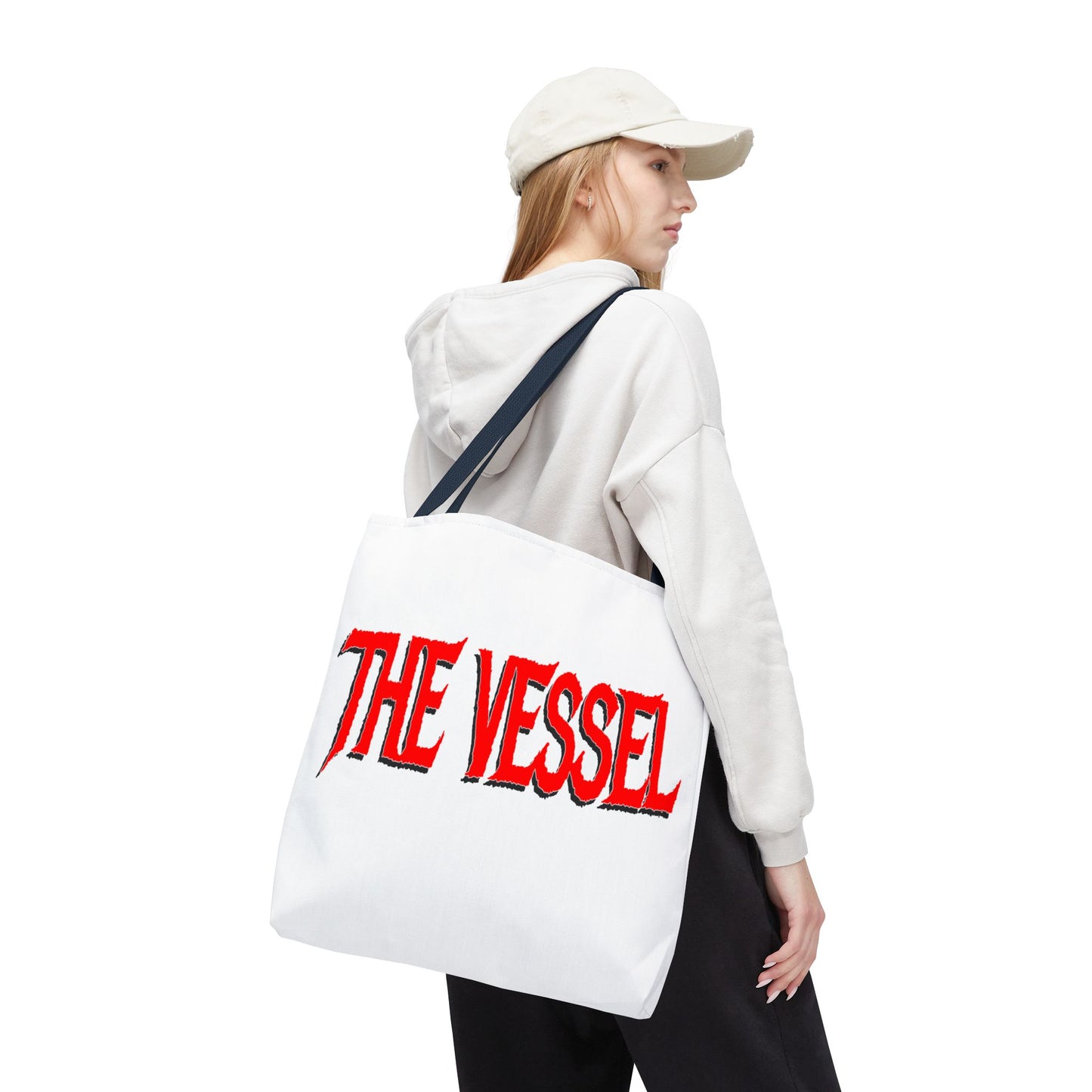 The Vessel Tote Bag — Bold Red Gothic Logo All-Over Print Tote