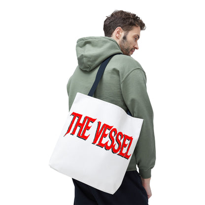 The Vessel Tote Bag — Bold Red Gothic Logo All-Over Print Tote