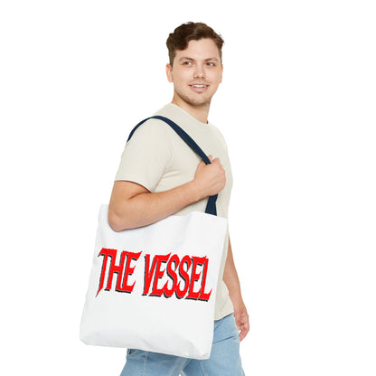 The Vessel Tote Bag — Bold Red Gothic Logo All-Over Print Tote
