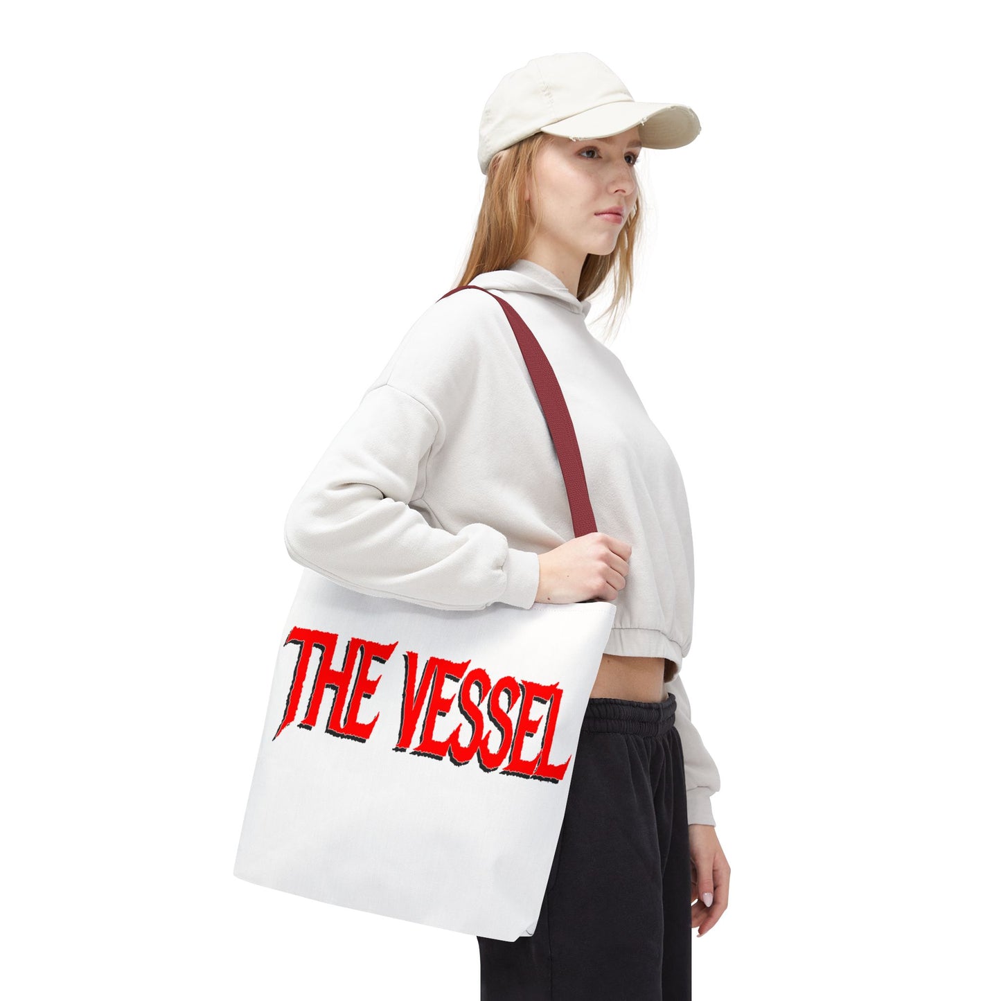 The Vessel Tote Bag — Bold Red Gothic Logo All-Over Print Tote