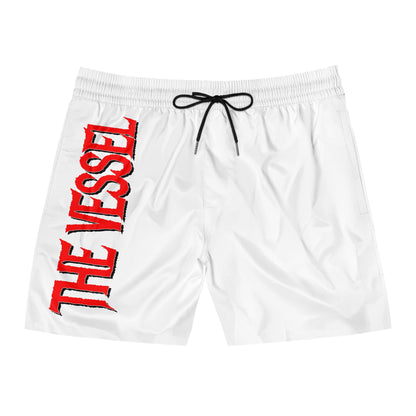 The Vessel Swim Shorts — Men's Mid-Length White Boardshorts with Vertical Red Logo