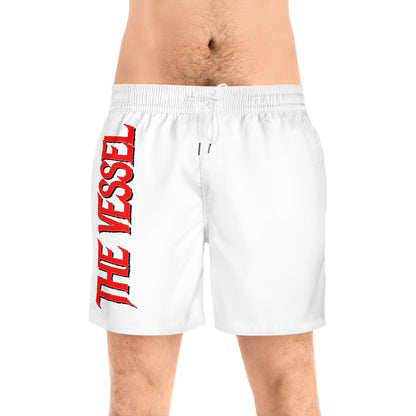 The Vessel Swim Shorts — Men's Mid-Length White Boardshorts with Vertical Red Logo