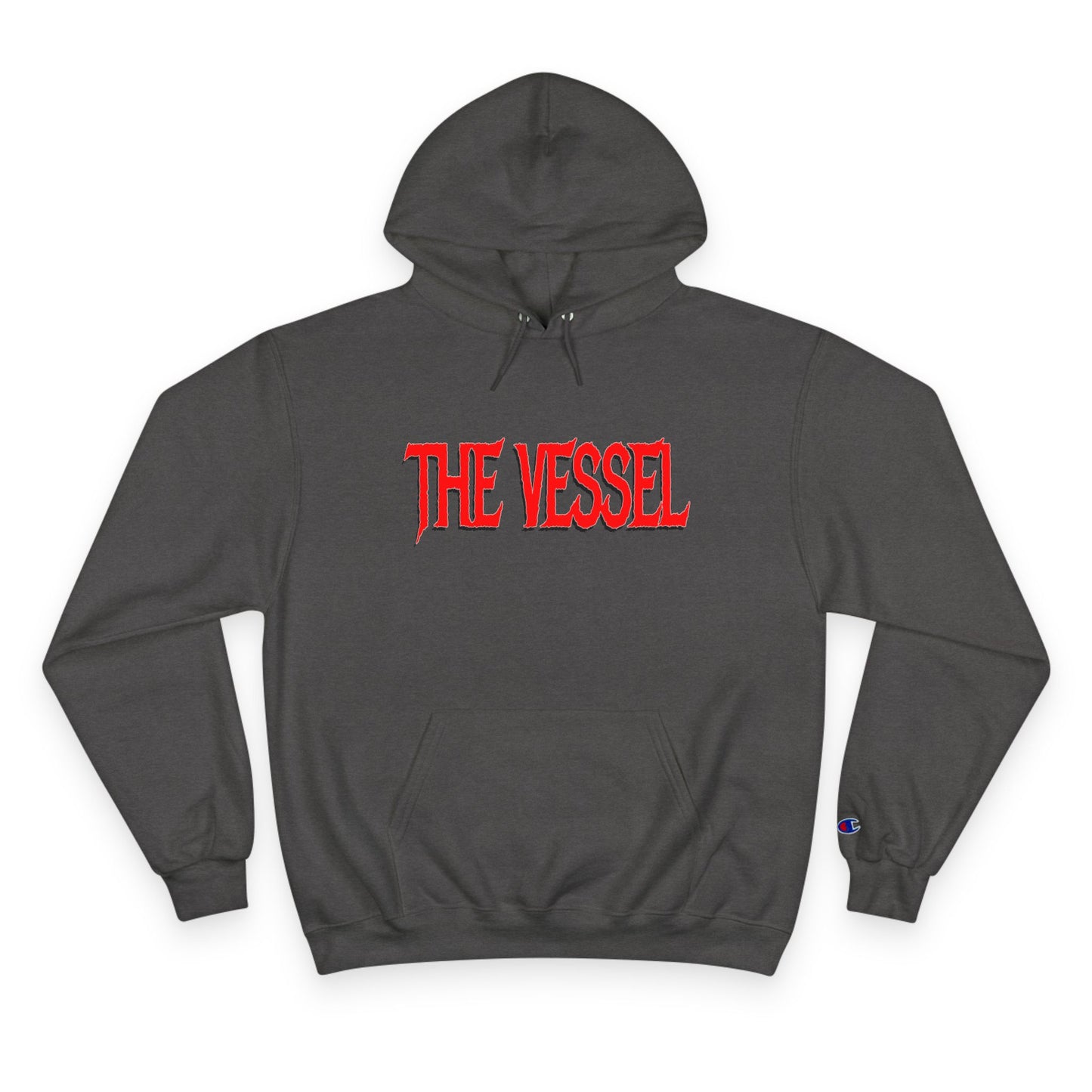 The Vessel Hoodie — Graphic Champion Pullover with Red Logo & Black Backprint