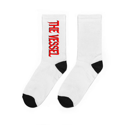 'THE VESSEL' Crew Socks — White Padded Cotton Socks with Red Vertical Logo