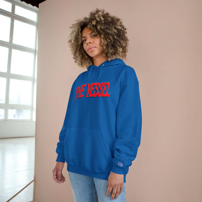 The Vessel Hoodie — Graphic Champion Pullover with Red Logo & Black Backprint