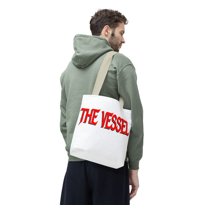 The Vessel Tote Bag — Bold Red Gothic Logo All-Over Print Tote