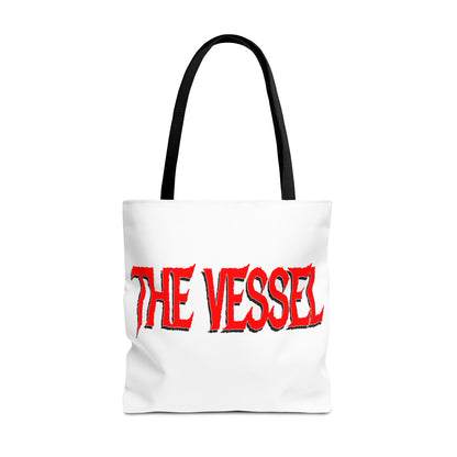 The Vessel Tote Bag — Bold Red Gothic Logo All-Over Print Tote