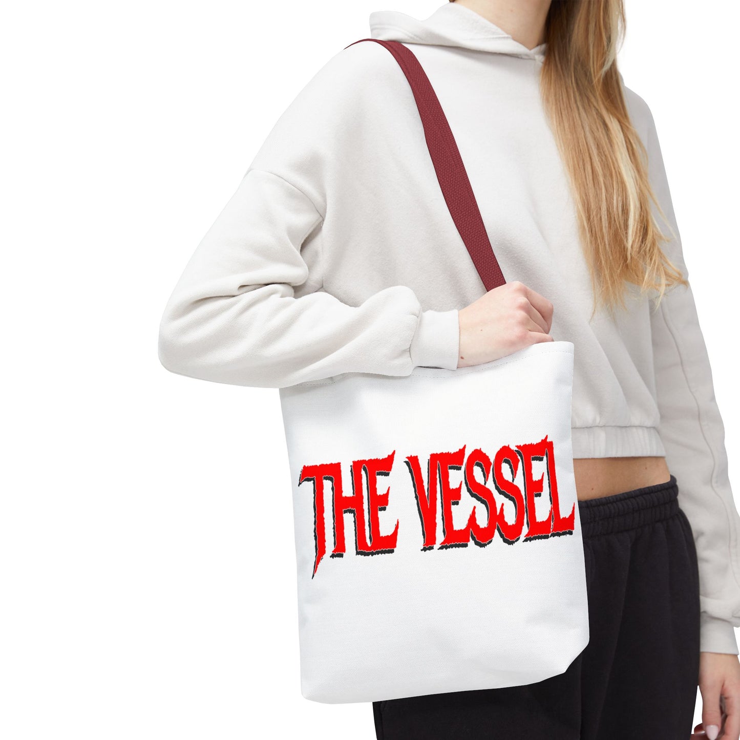 The Vessel Tote Bag — Bold Red Gothic Logo All-Over Print Tote