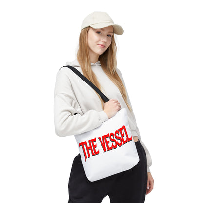 The Vessel Tote Bag — Bold Red Gothic Logo All-Over Print Tote