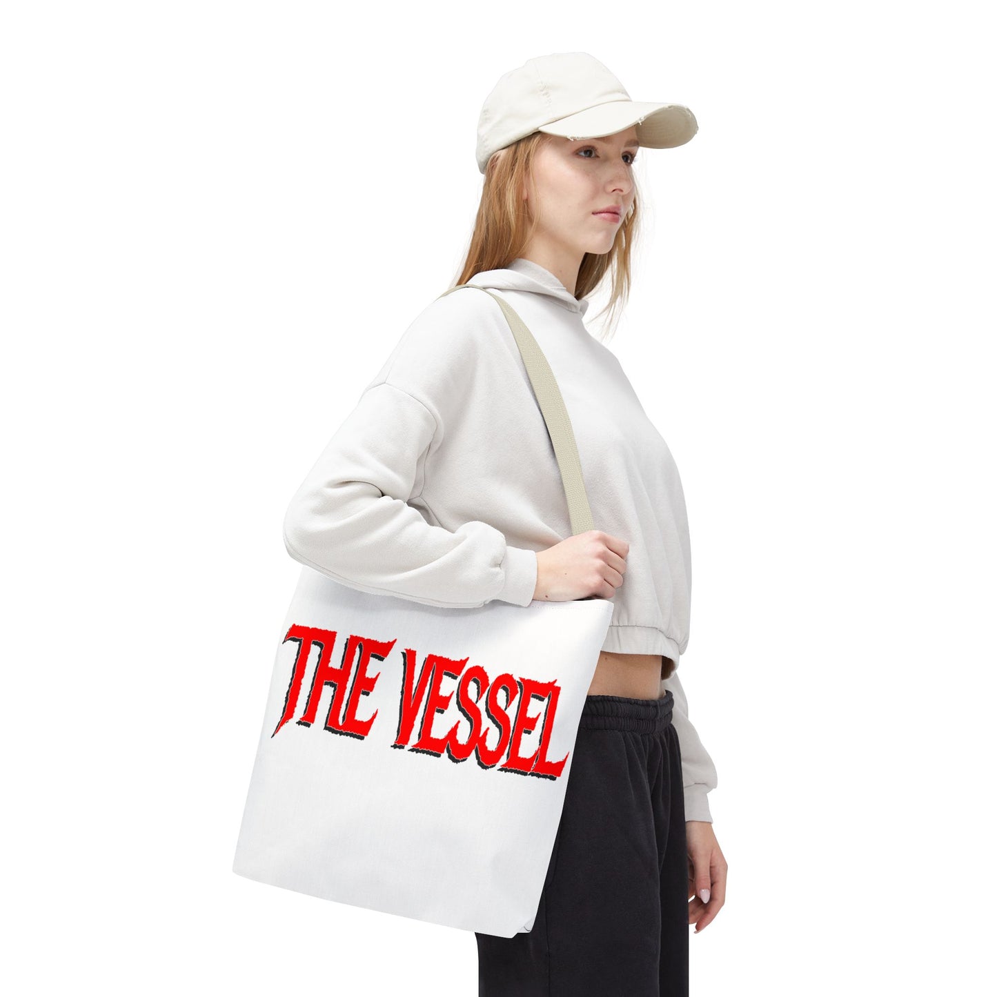 The Vessel Tote Bag — Bold Red Gothic Logo All-Over Print Tote