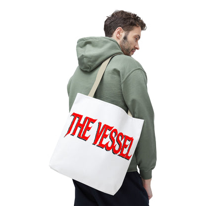 The Vessel Tote Bag — Bold Red Gothic Logo All-Over Print Tote