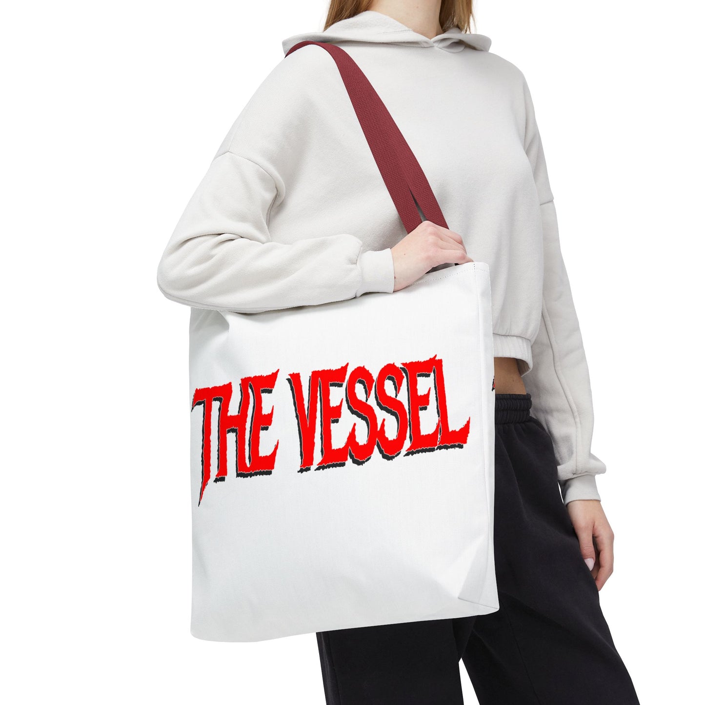 The Vessel Tote Bag — Bold Red Gothic Logo All-Over Print Tote