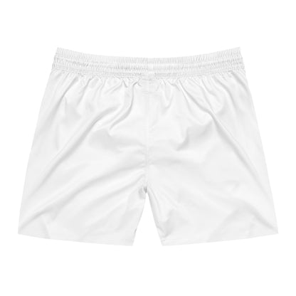 The Vessel Swim Shorts — Men's Mid-Length White Boardshorts with Vertical Red Logo
