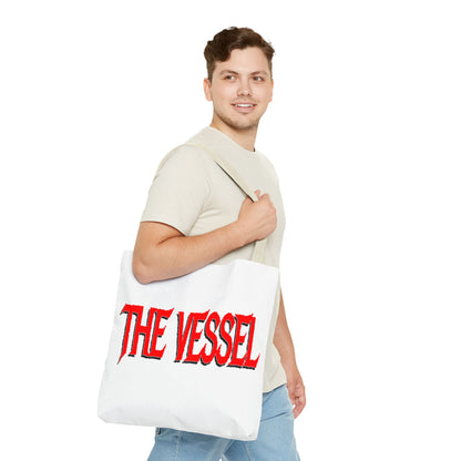 The Vessel Tote Bag — Bold Red Gothic Logo All-Over Print Tote