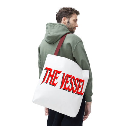 The Vessel Tote Bag — Bold Red Gothic Logo All-Over Print Tote
