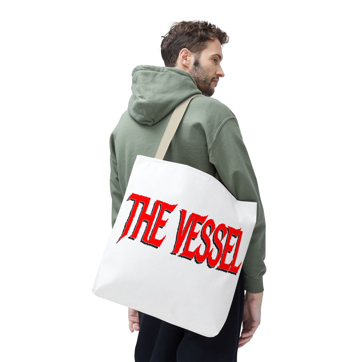 The Vessel Tote Bag — Bold Red Gothic Logo All-Over Print Tote