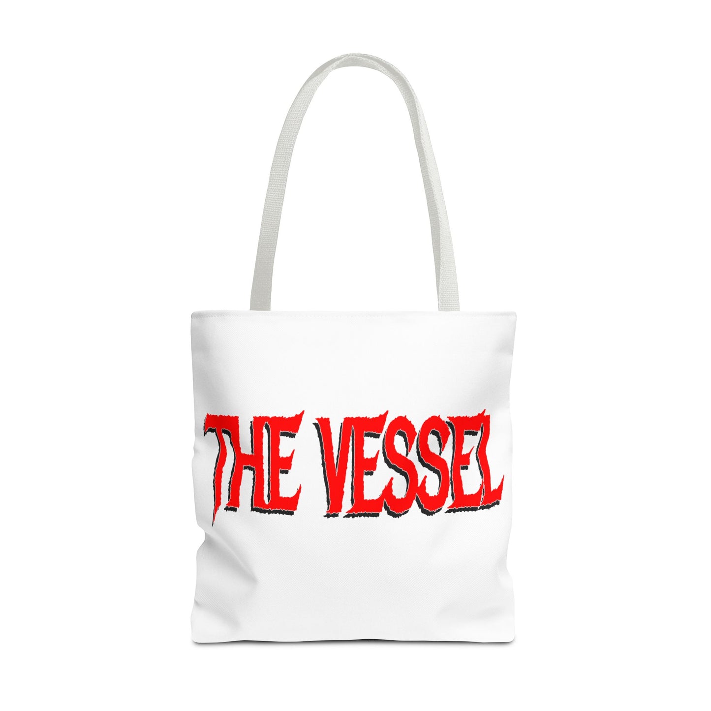 The Vessel Tote Bag — Bold Red Gothic Logo All-Over Print Tote