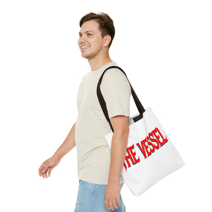 The Vessel Tote Bag — Bold Red Gothic Logo All-Over Print Tote