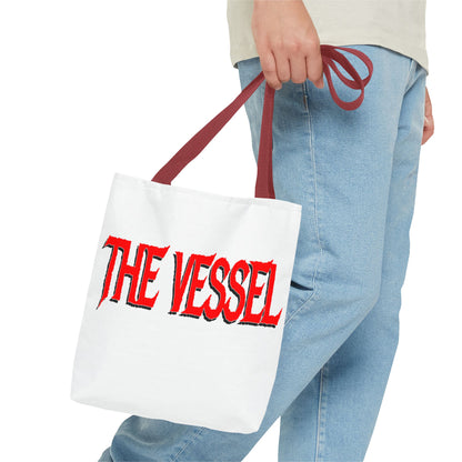 The Vessel Tote Bag — Bold Red Gothic Logo All-Over Print Tote