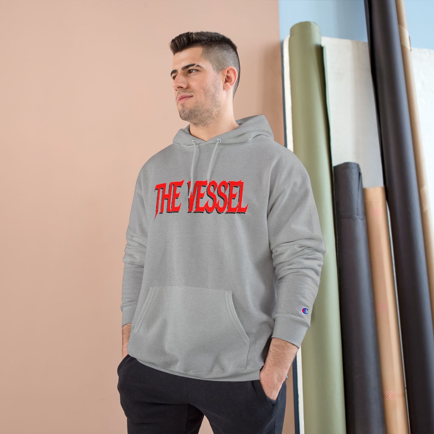 The Vessel Hoodie — Graphic Champion Pullover with Red Logo & Black Backprint