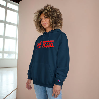The Vessel Hoodie — Graphic Champion Pullover with Red Logo & Black Backprint