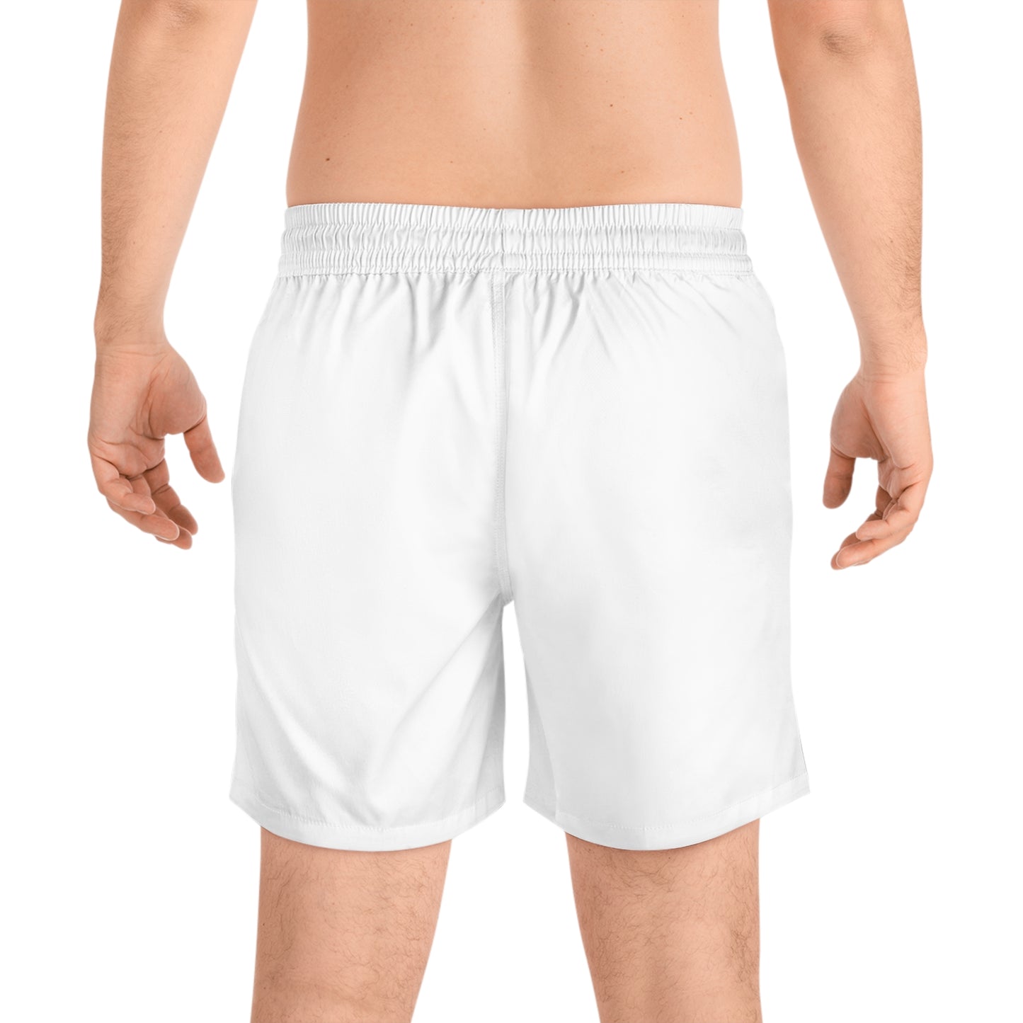 The Vessel Swim Shorts — Men's Mid-Length White Boardshorts with Vertical Red Logo