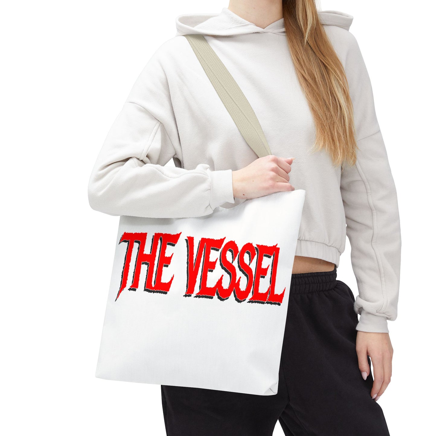 The Vessel Tote Bag — Bold Red Gothic Logo All-Over Print Tote