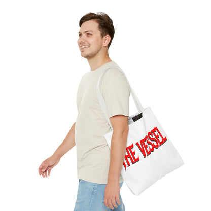 The Vessel Tote Bag — Bold Red Gothic Logo All-Over Print Tote