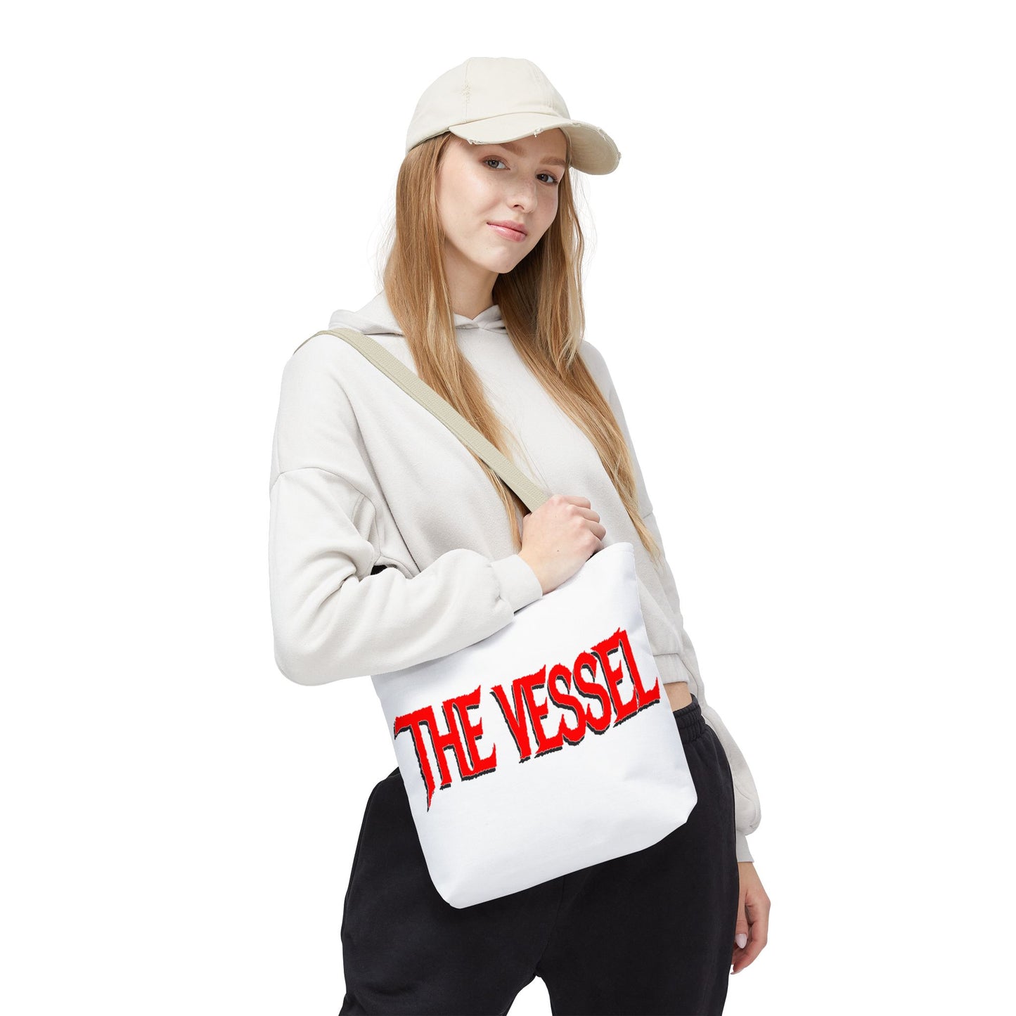 The Vessel Tote Bag — Bold Red Gothic Logo All-Over Print Tote