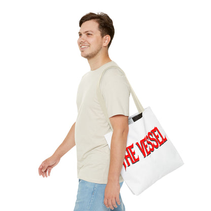 The Vessel Tote Bag — Bold Red Gothic Logo All-Over Print Tote