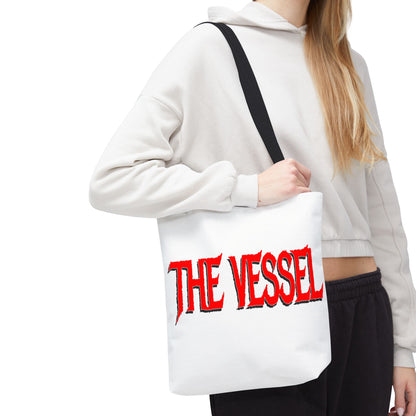 The Vessel Tote Bag — Bold Red Gothic Logo All-Over Print Tote