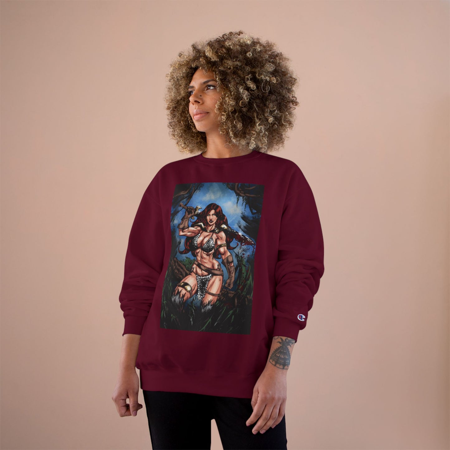 Red Sonja Champion Sweatshirt — Classic Comic Hero Crewneck (Color)