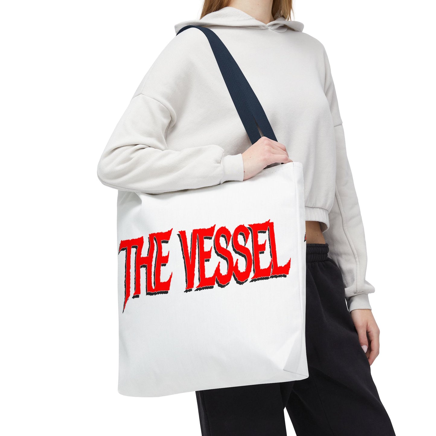 The Vessel Tote Bag — Bold Red Gothic Logo All-Over Print Tote
