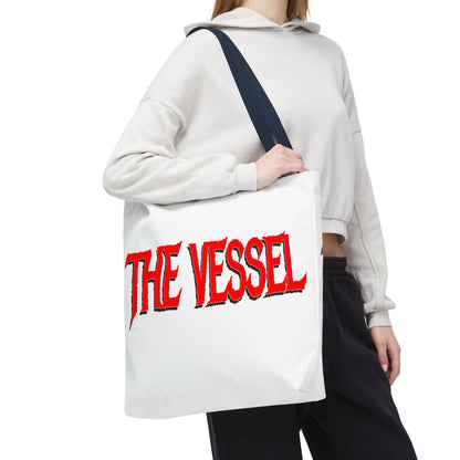 The Vessel Tote Bag — Bold Red Gothic Logo All-Over Print Tote