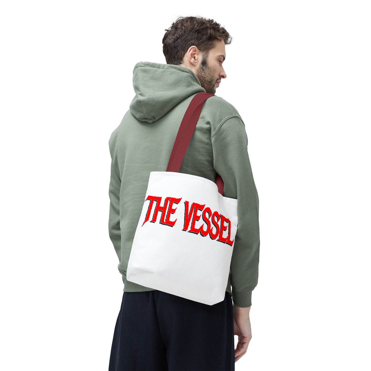 The Vessel Tote Bag — Bold Red Gothic Logo All-Over Print Tote